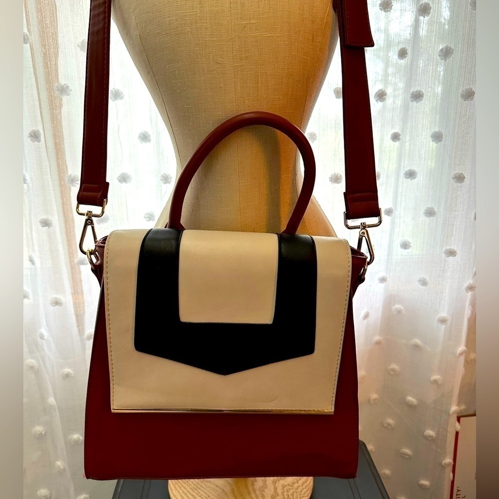 Lionel Vegan Leather Handbag Messenger Crossbody Stiff Body Brown Blk White Gold